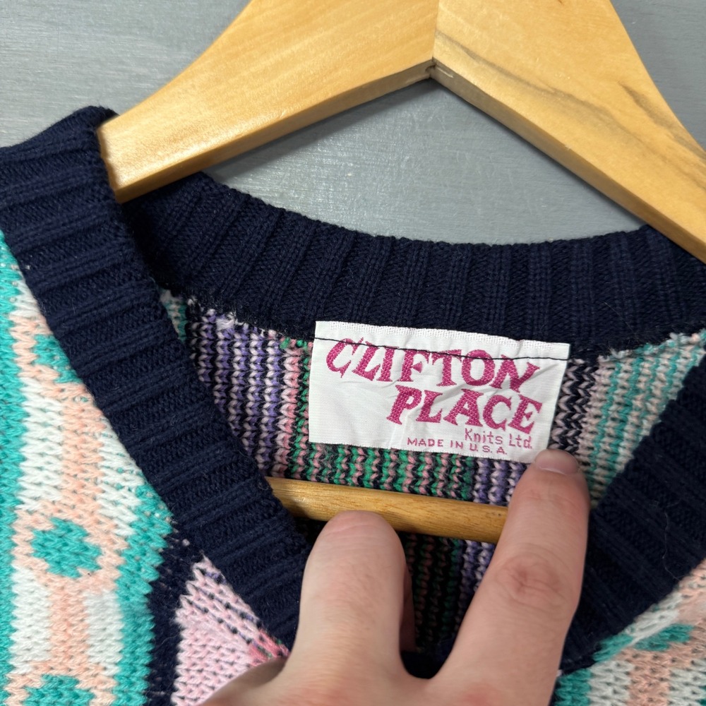 vintage Clifton Place Sweater Navy Blue Southwestern Aztec Knit Mock Neck XL - Picture 2 of 6